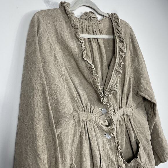 Vtg Magnolia Pearl Linen Ruffle Coat Duster Size M Oatmeal Boho Prairie Jacket - Picture 12 of 12